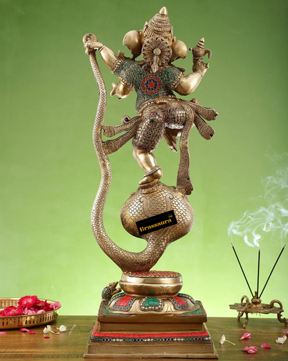 Brassaura™ Brass Ganapathi Dancing on Vasuki Nag Statue with Meenakari Stonework – 26.5 Inch Height | 18 Kg