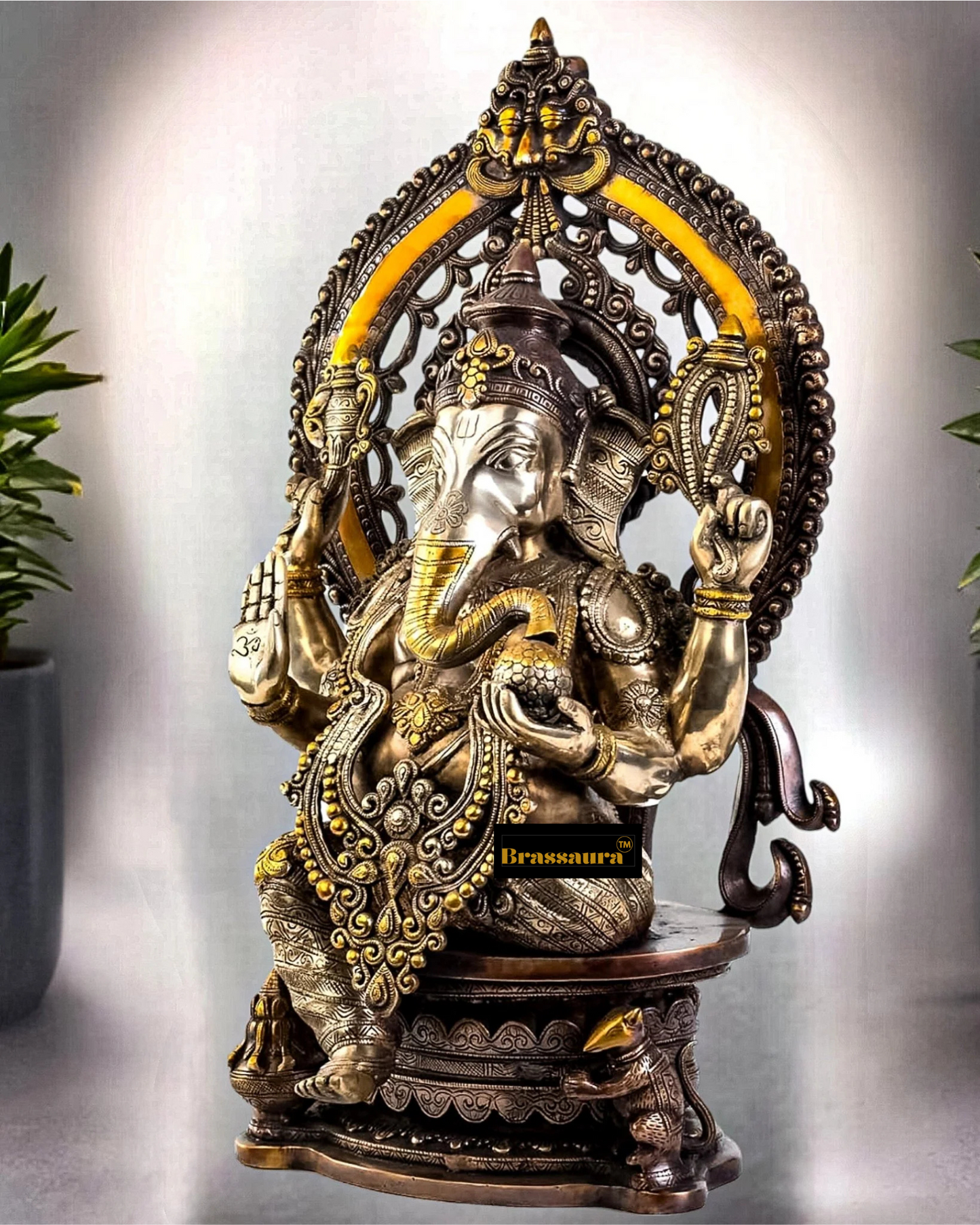 Brassaura™ Superfine Brass Ganesha Idol on Round Throne with Prabhavali – 26 Inch Height | 33 Kg | Three-Tone Finish with Modak & Mooshak