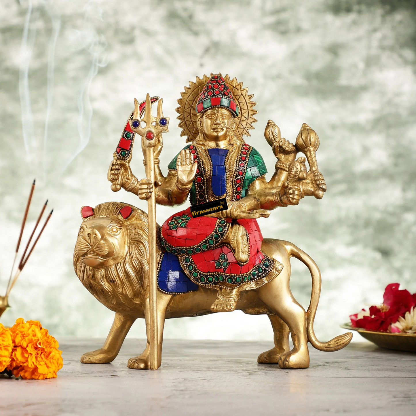 Brassaura™ Pure Brass Goddess Durga Idol – 3.5kg, 9-Inch – Golden Finish Handcrafted Statue for Protection & Prosperity