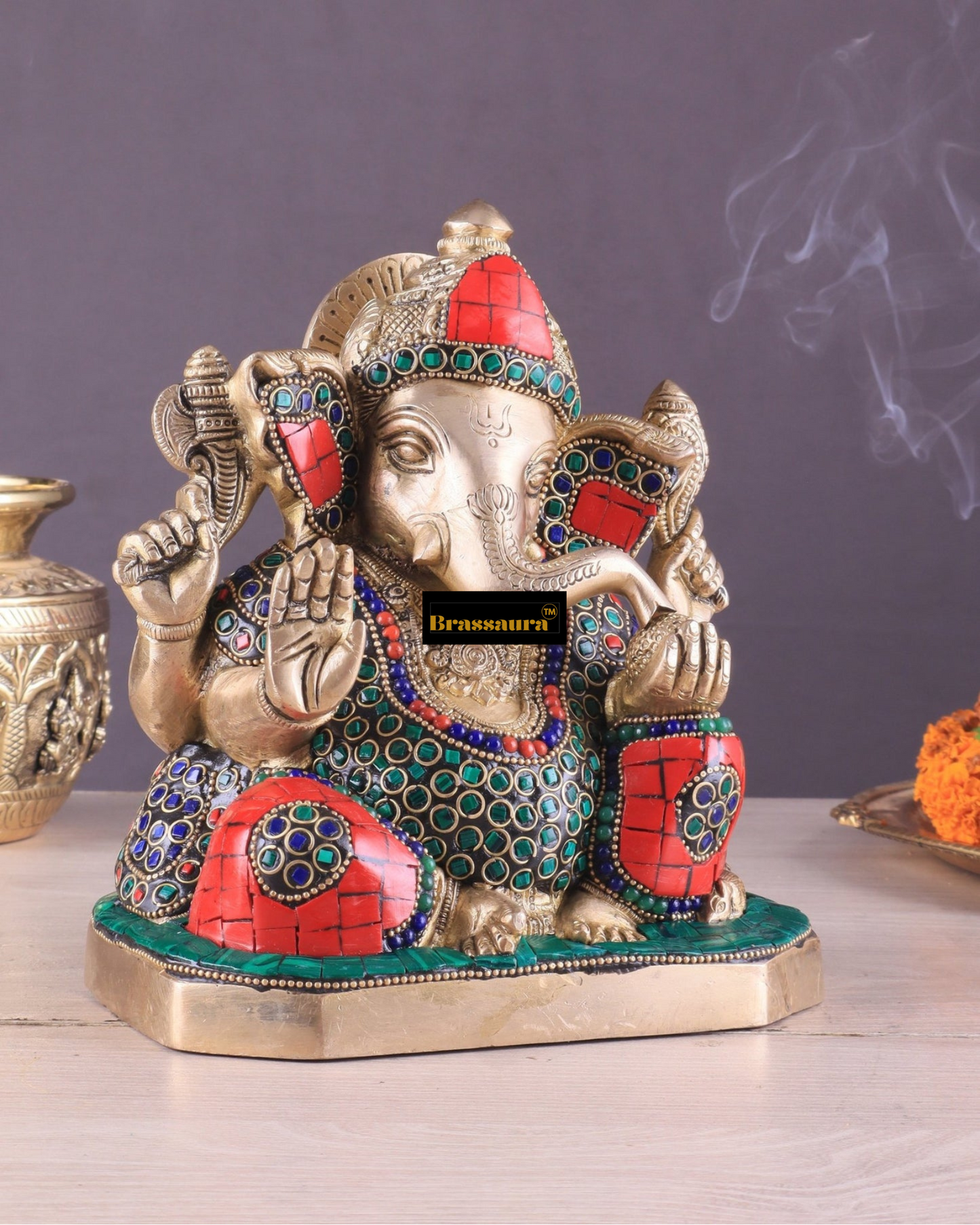 Brassaura™ Pure Brass Ganesha Statue – 7.5 Inch Height | 3.88 kg | Handcrafted with Stone Inlay