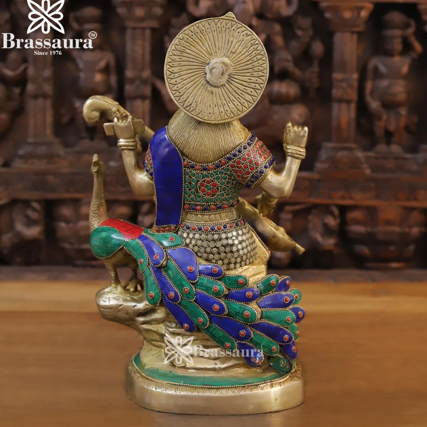 Brassaura™ Sacred Brass Gem Stone Work Saraswati Murti – Height 15.5 Inches & Weight 10.34 Kgs | Temple Décor Accent