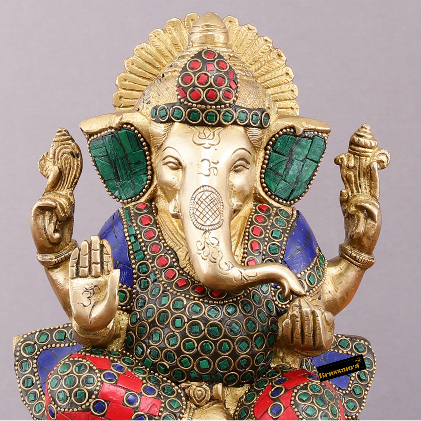 Brassaura™ Handcrafted Brass Ganesha Idol on Lotus – 10" Height, 4.5 kg – Meenakari Stone Adorned Divine Décor