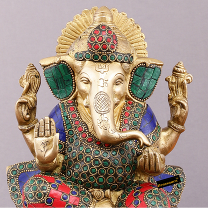 Brassaura™ Handcrafted Brass Ganesha Idol on Lotus – 10" Height, 4.5 kg – Meenakari Stone Adorned Divine Décor