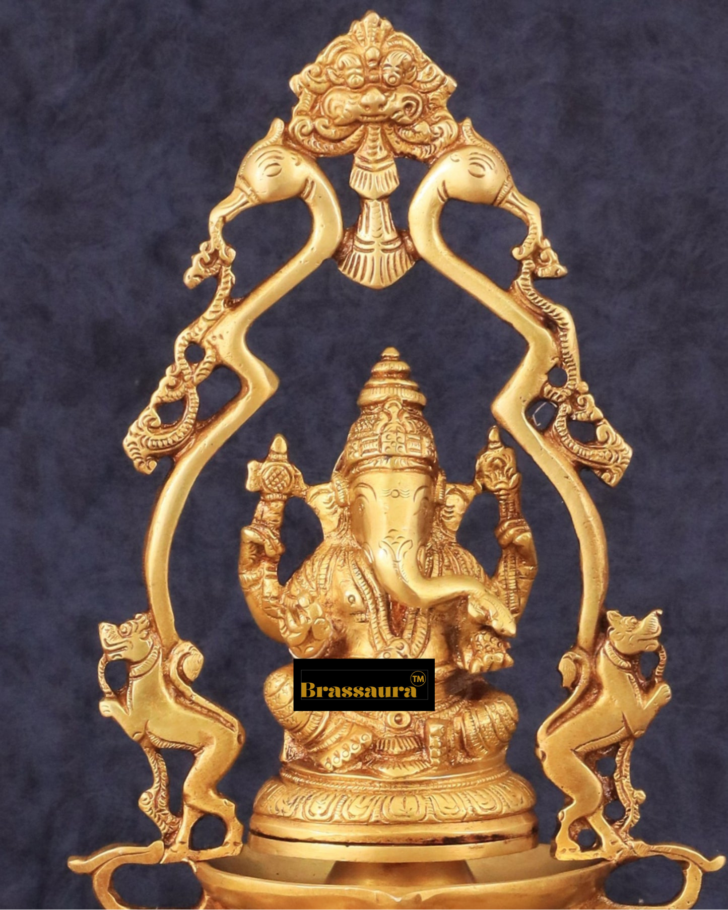 Brassaura™ Pure Brass Ganesha Statue with Diyas & Thiruvachi Frame – 12" Height, 3.8 kg – Divine Home Decor