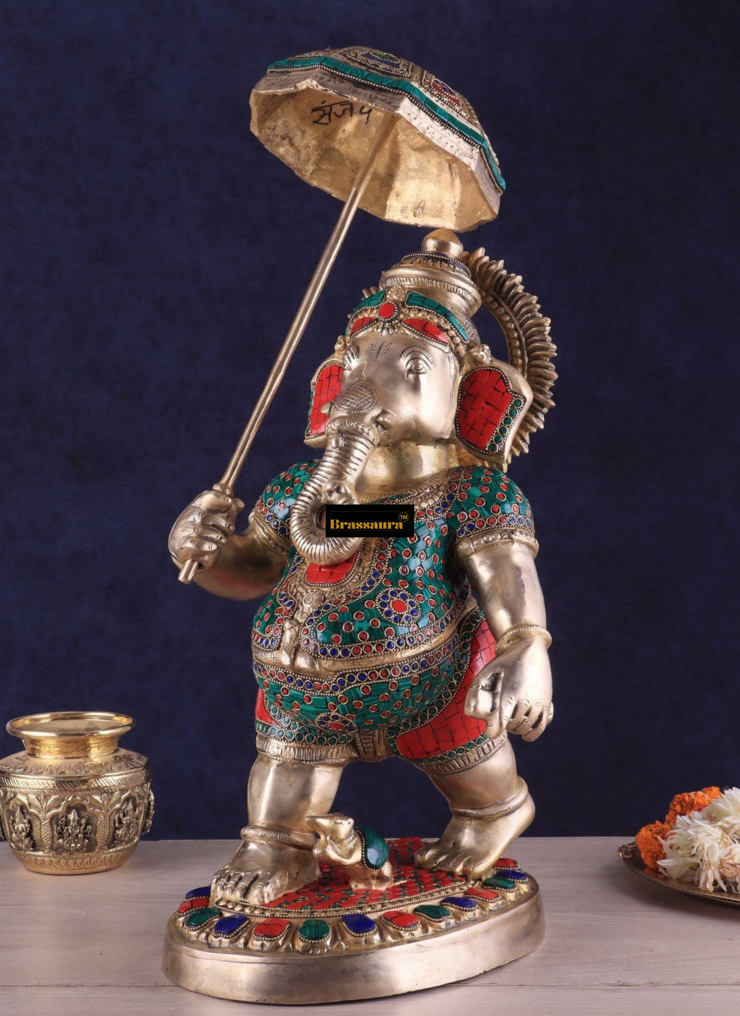 Brassaura™ Brass Lord Ganesha Holding Umbrella – 24" Height, 14 kg – Meenakari Stonework Masterpiece