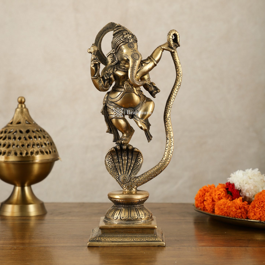 Brassaura™ Brass Ganesha Dancing on Vasuki Naag – 11.5" Height, 2.94 kg – Symbol of Divine Victory & Grace