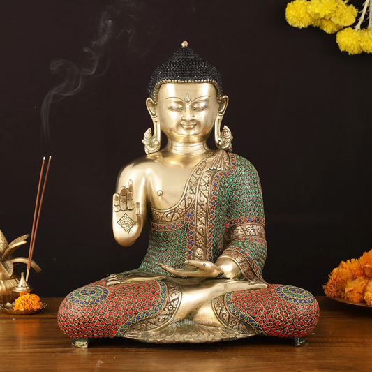 Brassaura™ Pure Brass Handcrafted Lord Buddha Statue in Blessing Mudra – Height 16.5 Inches, Weight 12.12 Kgs
