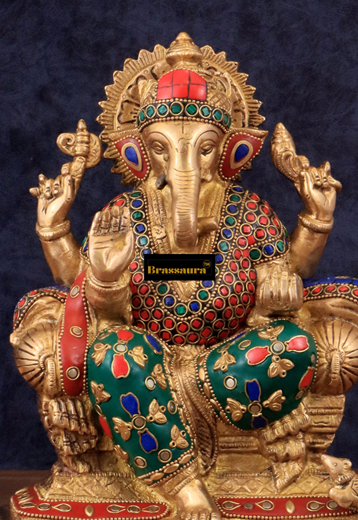Brassaura™ Handcrafted Brass Ganesha Idol with Meenakari Stonework – 10 Inch Height | 5 kg | Artistic Spiritual Décor