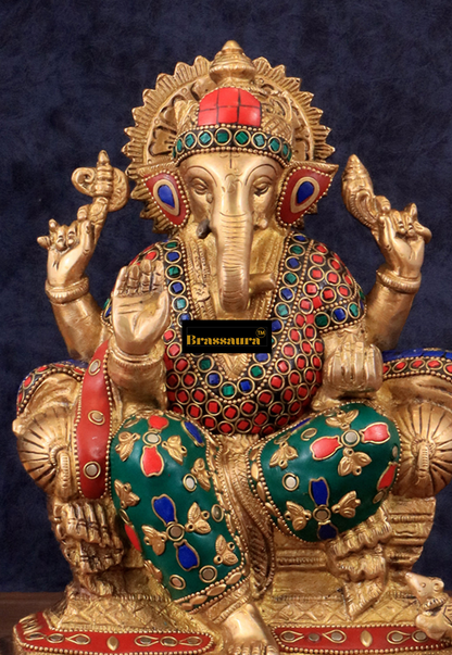 Brassaura™ Handcrafted Brass Ganesha Idol with Meenakari Stonework – 10 Inch Height | 5 kg | Artistic Spiritual Décor
