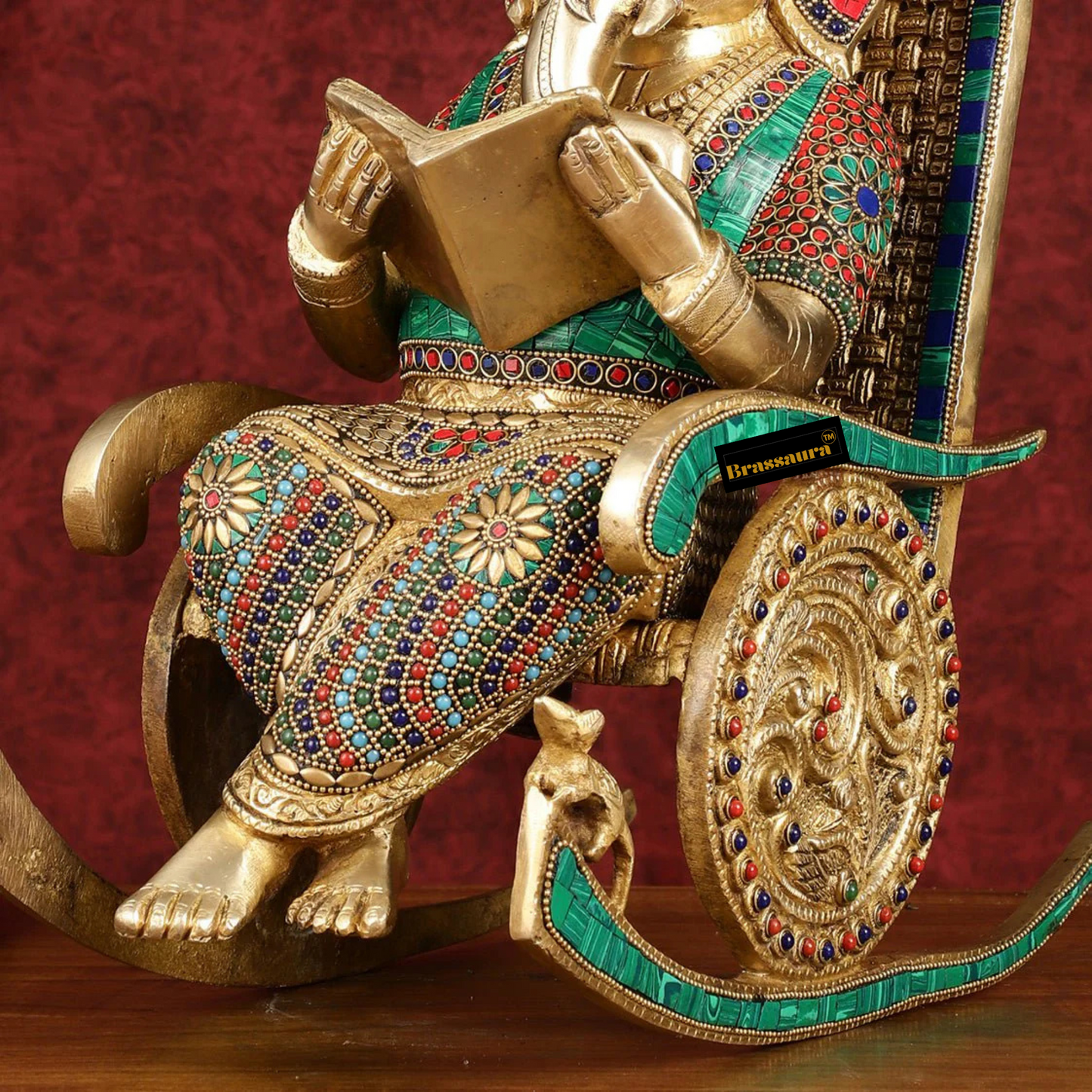 Brassaura™ Brass Reading Ganesha on Rocking Chair – Height 17 Inches, Weight 15 Kgs | Intricate Stonework