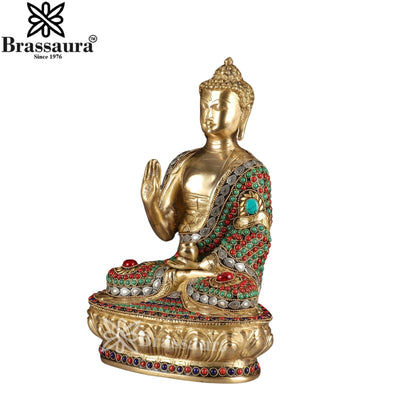Brass Blessing Gem Stone Work Multicolored Buddha Weight 5.1 kg & Height 12 Inch