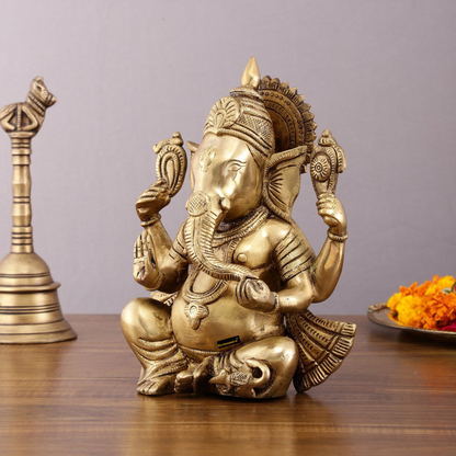 Brassaura™ Unique Brass Lord Ganesha Statue – 9.5" Height, 4.13 kg – Handcrafted Divine Elegance