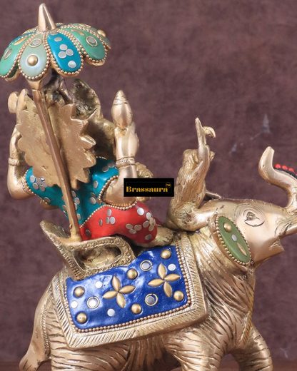 Brassaura™ Handcrafted Brass Ganesha on Ambari – 9.5" Height, 3 kg – Meenakari Stonework Idol