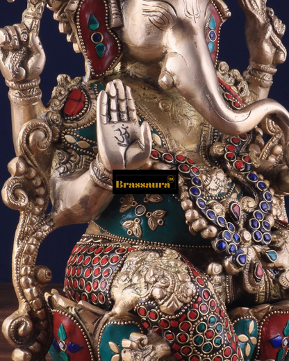 Brassaura™ Handcrafted Pure Brass Ganesha Idol with Meenakari Stonework – 12.25" Height, 8 kg – Lotus Base Masterpiece