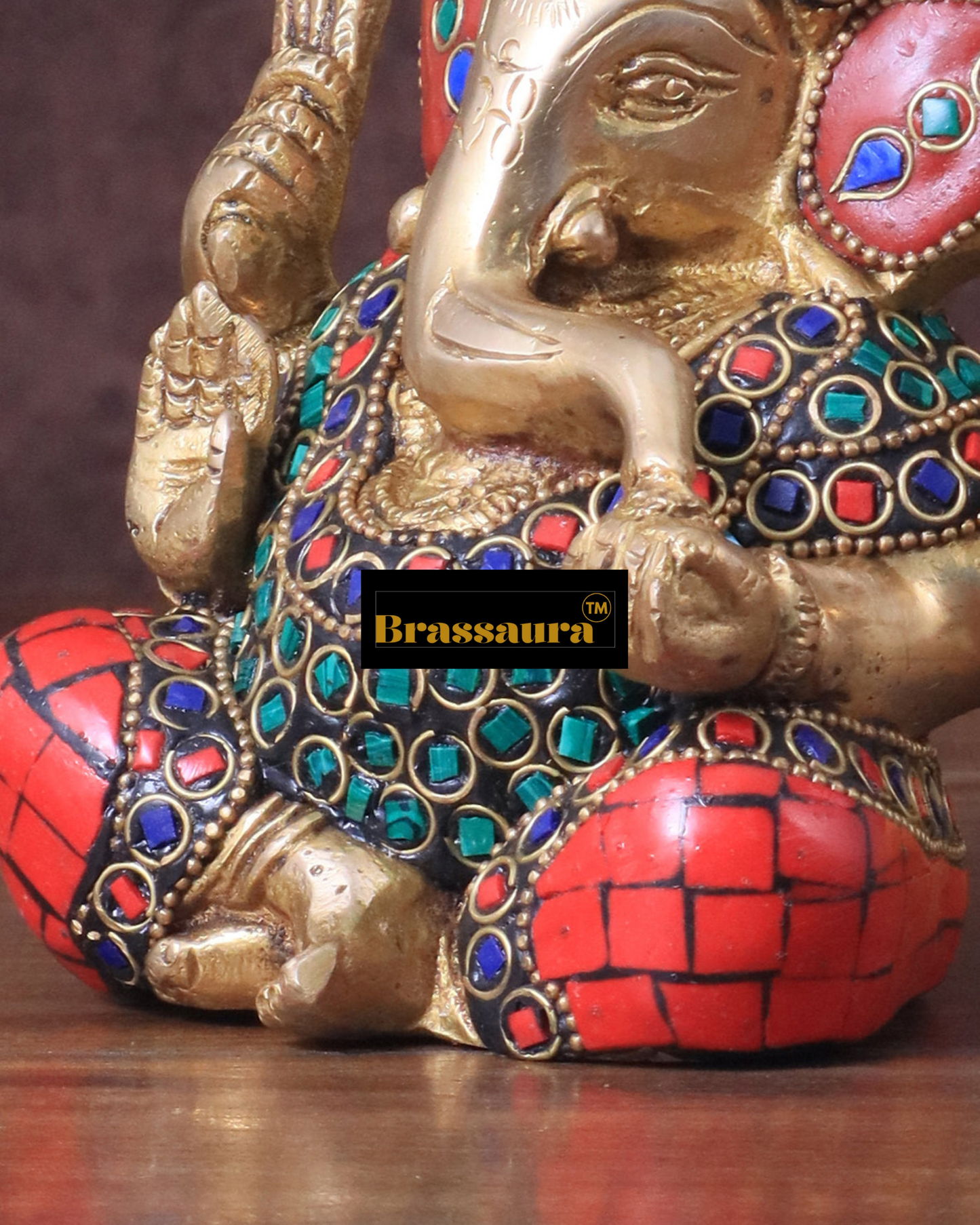 Brassaura™ Pure Brass Meenakari Lord Ganesha Idol – 6" Height, 1.8 kg – Handcrafted with Natural Colour Stones