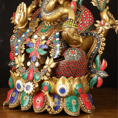 Brassaura™ Brass Superfine Lord Ganesha Idol with Lotus – 24 Inch Height | 32 kg | Stonework & Hand-Painted Eyes | Divine Home Décor