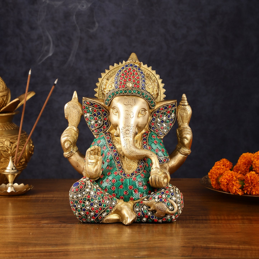 Brassaura™ Meenakari Brass Ganesha Idol – 8 Inch Height | 4.7 kg | Handcrafted with Natural Stone Inlay