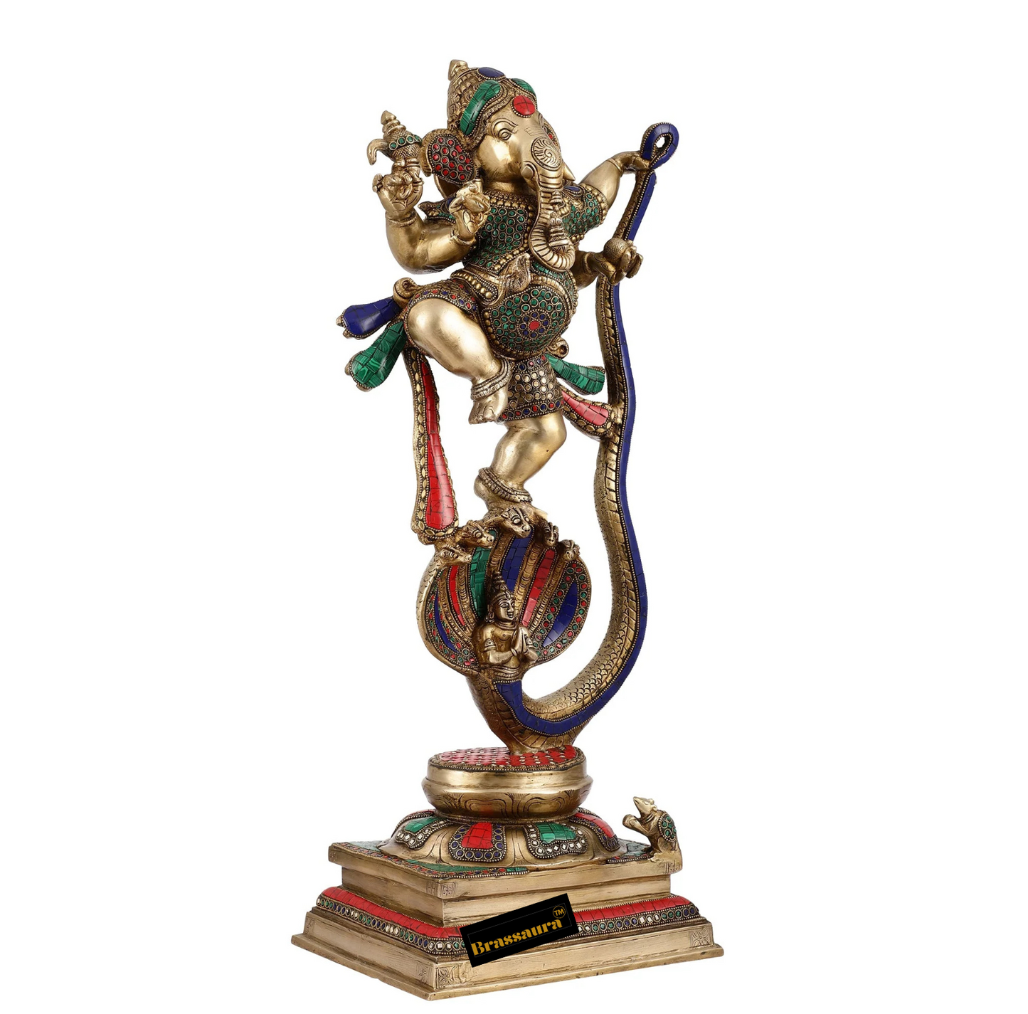 Brassaura™ Brass Ganapathi Dancing on Vasuki Nag Statue with Meenakari Stonework – 26.5 Inch Height | 18 Kg