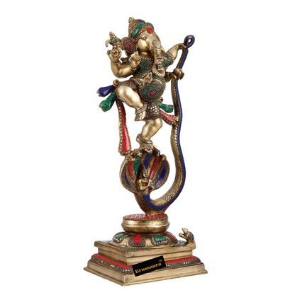 Brassaura™ Brass Ganapathi Dancing on Vasuki Nag Statue with Meenakari Stonework – 26.5 Inch Height | 18 Kg