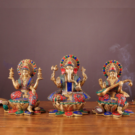 Brassaura™ Brass Gemstone Work Ganesha, Lakshmi & Saraswati Idol Set – 12 Inch Height | 19 kg | Multi-Coloured | Spiritual Home & Diwali Décor Gift