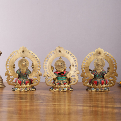 Brassaura™ Brass Ganesha, Lakshmi & Saraswati Idol Set – 9.5 Inch Height | 10.2 kg | Handcrafted with Meenakari Stonework