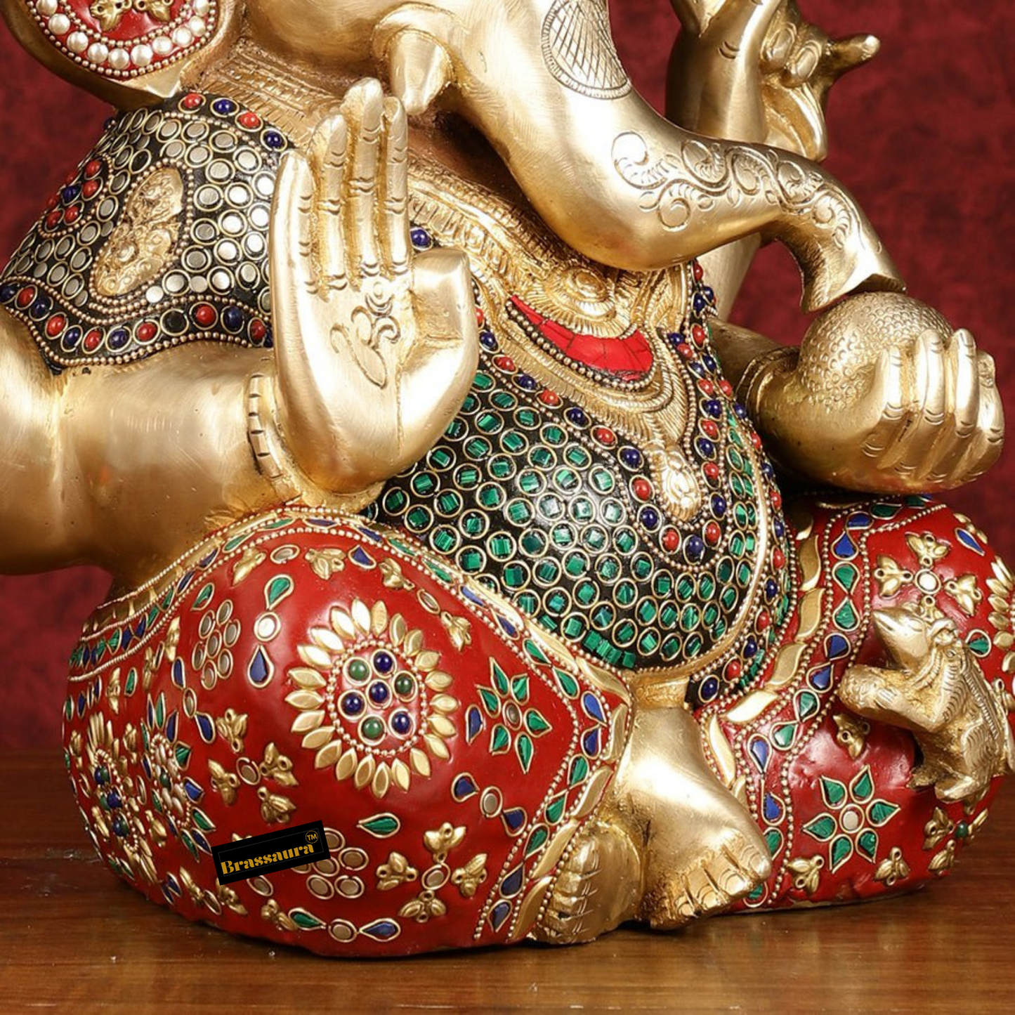 Brassaura™ Large Pure Brass Ganapati Statue – Height 15 Inches, Weight 14.5 Kgs | Multicolor Stonework