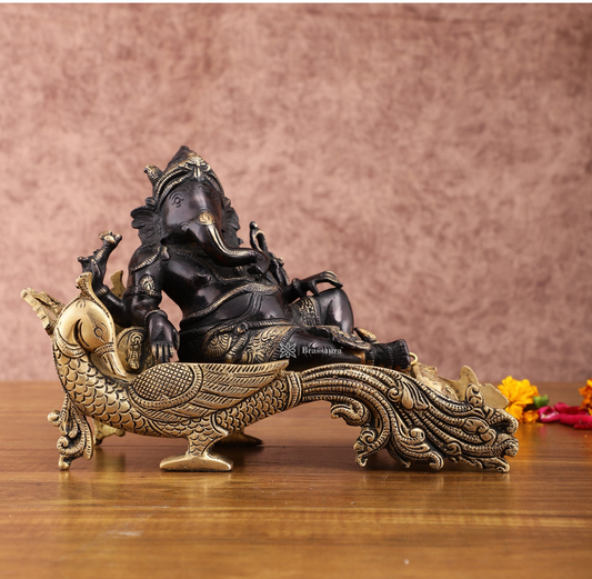 Brassaura™ Black Gold Brass Lord Ganapathi Statue – 7.5 Inch Height | 4.5 kg | Peacock Throne | Handcrafted Spiritual Décor