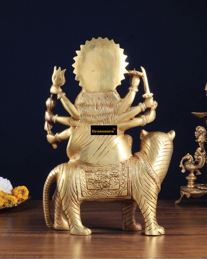 Brassaura™ 12-Inch Pure Brass Sherawali Mata Idol – 4.8kg – Handcrafted Durga Statue on Tiger for Strength & Protection
