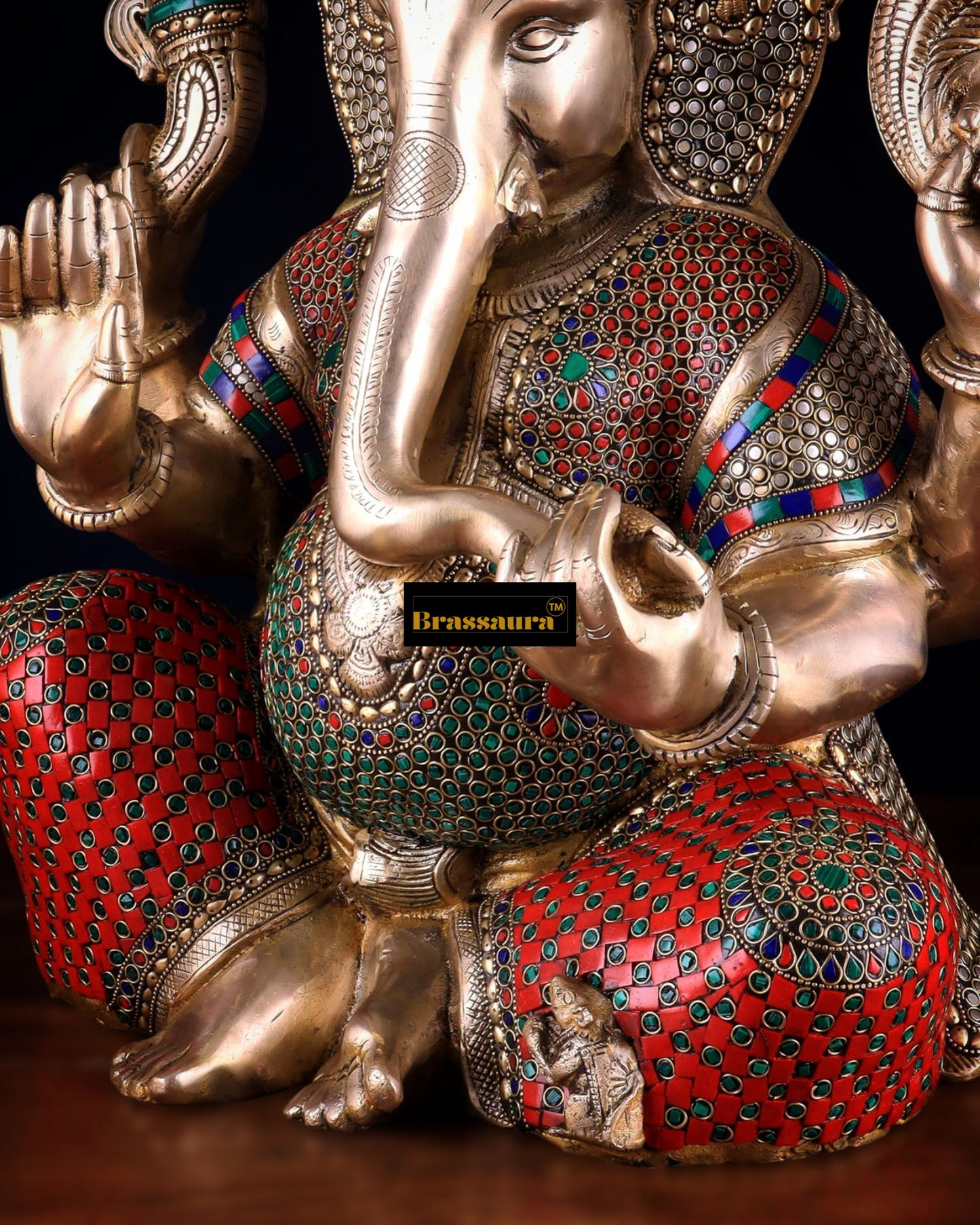 Brassaura™ Pure Brass Ganesha Statue with Flora Meenakari – 20" Height, 22 kg – Elegant Spiritual Masterpiece