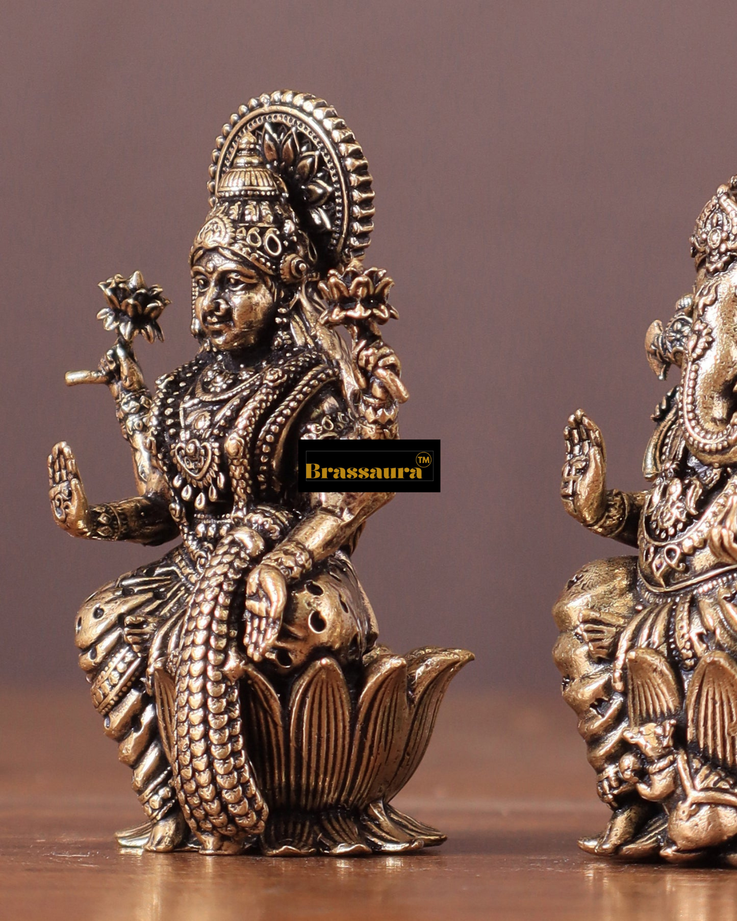 Brassaura™ Pure Brass Superfine Small Ganesh Lakshmi Idols – 2.5" Height, 180 gm – Intricately Crafted Divine Duo
