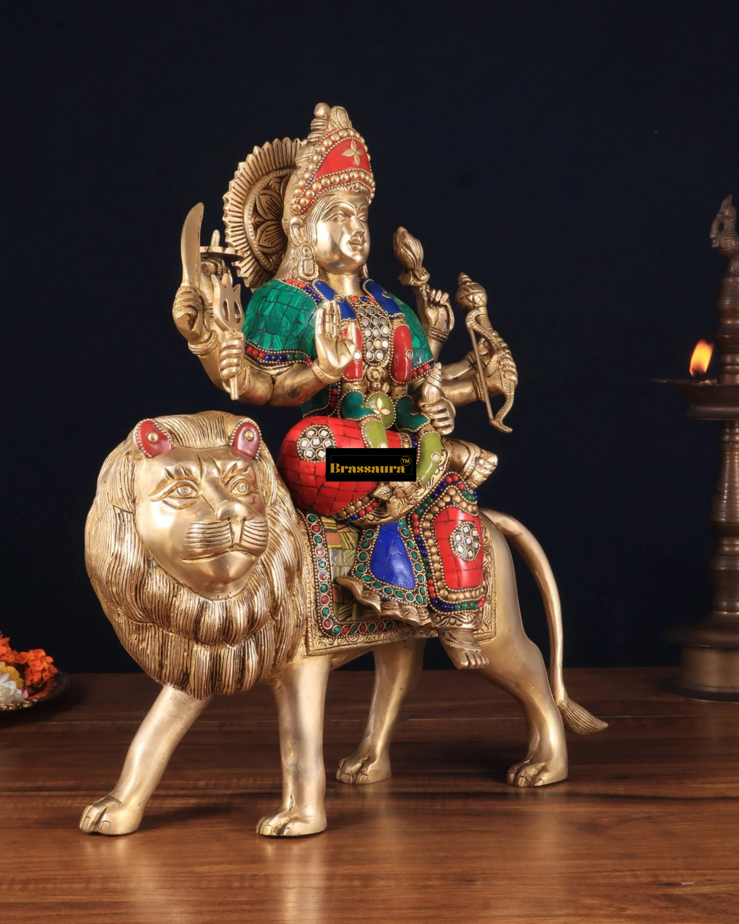 Brassaura™ 17-Inch Brass Sherawali Mata Idol with Meenakari Stonework – 12kg – Handcrafted Goddess Durga Statue for Spiritual & Decorative Spaces