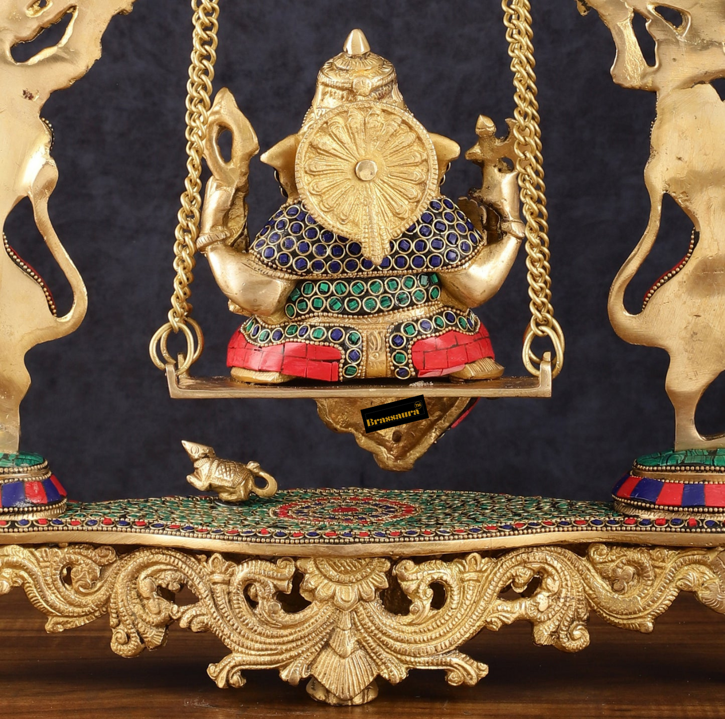 Brassaura™ Magnificent Brass Lord Ganesha Swing – 18" Height, 7.5 kg – Adorned with Multicolor Stonework