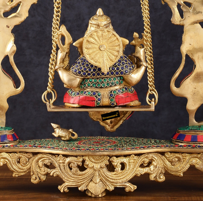 Brassaura™ Magnificent Brass Lord Ganesha Swing – 18" Height, 7.5 kg – Adorned with Multicolor Stonework