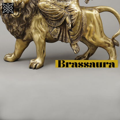 Brassaura™ 26.5-Inch Brass Durga Idol – 35.38kg – Majestic 8-Armed Goddess Seated on Lion with Golden Finish for Temple, Home & Gifting