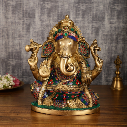Brassaura™ Nagar Ganapati Brass Statue with Meenakari – 13.2" Height, 10.5 kg – Cobra Naaga Adorned Divine Idol