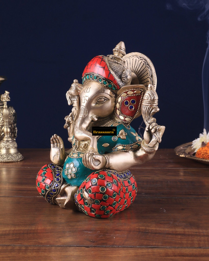 Brassaura™ Brass Taj Ganesha Idol with Stonework – 8" Height, 3 kg – Intricately Crafted with Sharp Features