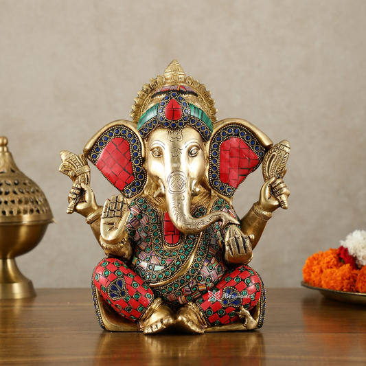 Brassaura™ Brass Lord Ganesha Statue with Meenakari & Big Ears – 10" Height, 5.15 kg – Auspicious & Intricate