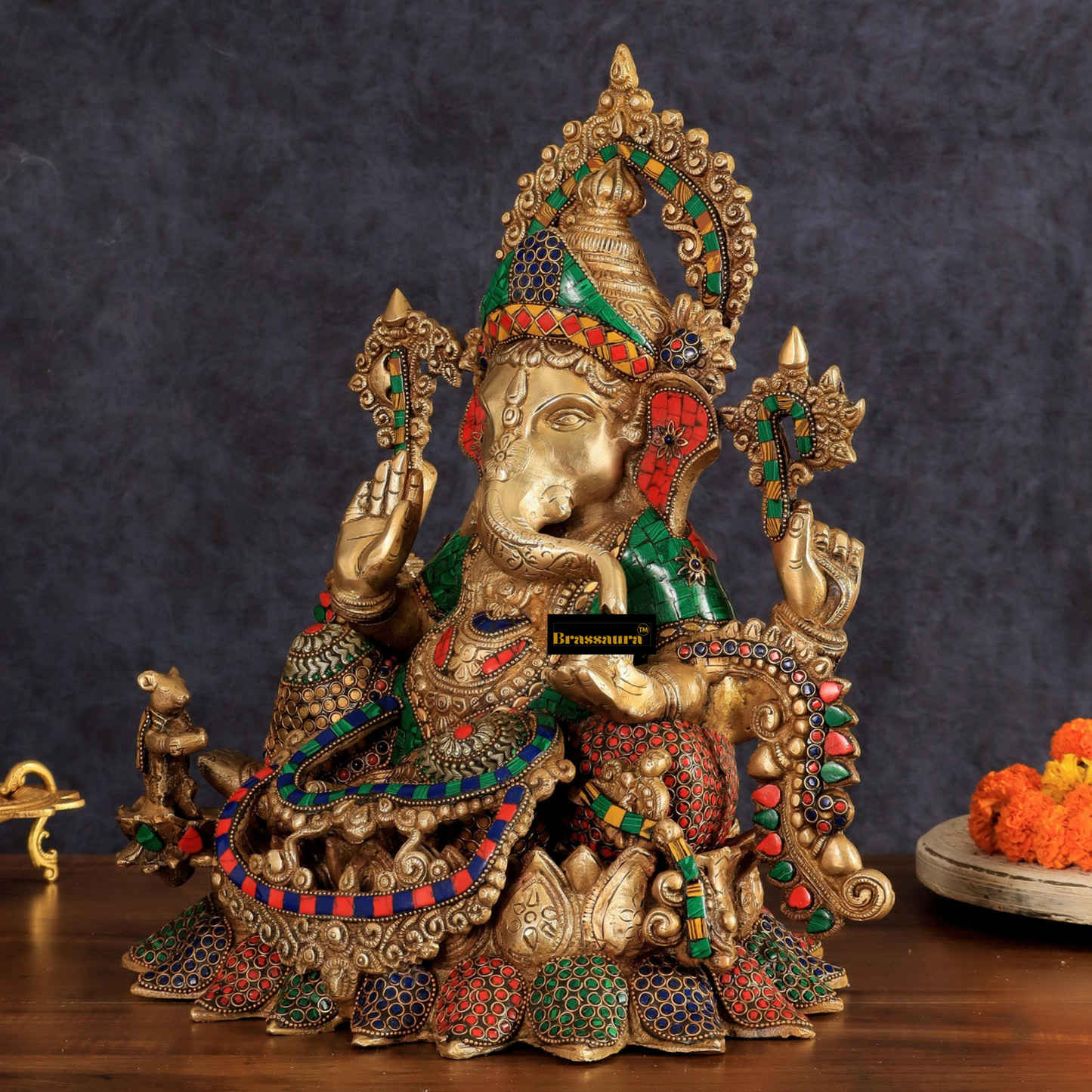 Brassaura™ Fine Quality Brass Jewellery Ganesha – 16" Height, 16 kg – Adorned with Natural Stones & Rings