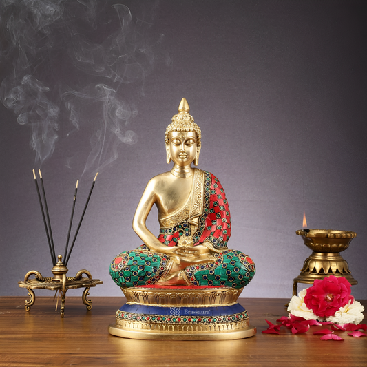 Brassaura™ Pure Brass Cambodian Handcrafted Meditation Buddha Idol – Height 12 Inches & Weight 4.5 Kgs