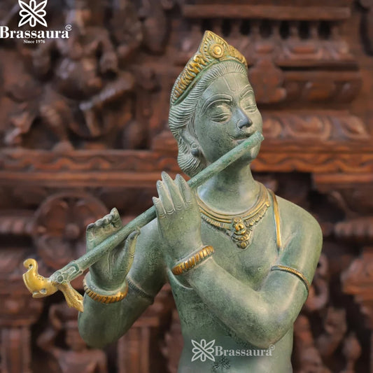 Brassaura® Lord Krishna Playing Flute with Peacock Idol | Pure Superfine Brass Handcrafted Verdigris Patina Finish Murti | Premium Krishna Statue for Home Temple, Living Room & Spiritual Décor | Height 29 Inches | Weight 14.78 Kgs