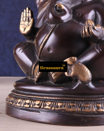 Brassaura™ Unique Brass Lord Ganesha Statue on Round Base – 8" Height, 3.46 kg – Vintage Finish