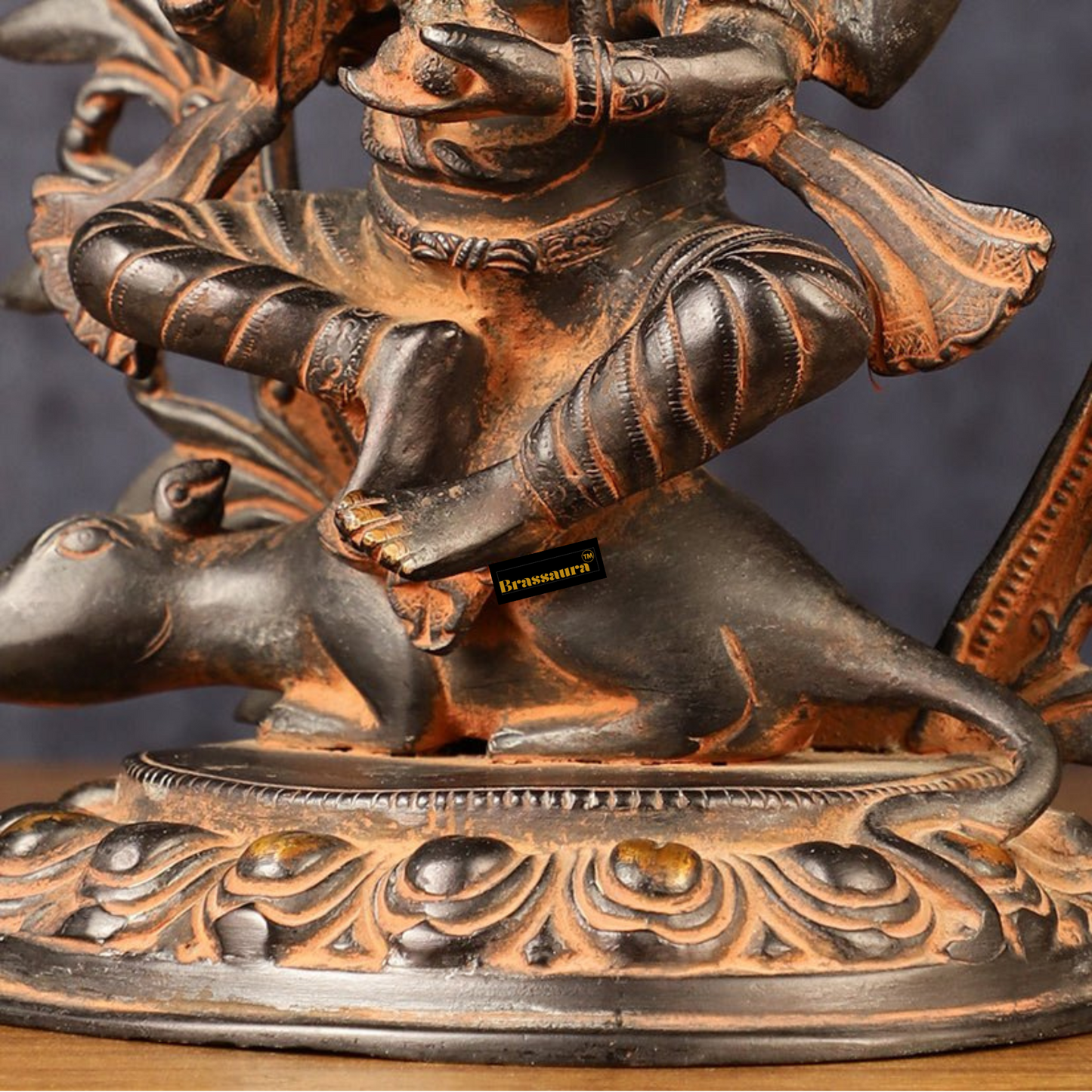 Brassaura™ Pure Brass Tibetan Ganapati on Mouse – Antique Patina Finish | Height 12 Inches, Weight 4.8 Kgs