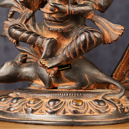 Brassaura™ Pure Brass Tibetan Ganapati on Mouse – Antique Patina Finish | Height 12 Inches, Weight 4.8 Kgs
