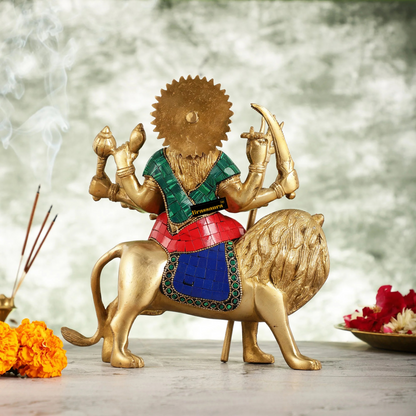 Brassaura™ Pure Brass Goddess Durga Idol – 3.5kg, 9-Inch – Golden Finish Handcrafted Statue for Protection & Prosperity