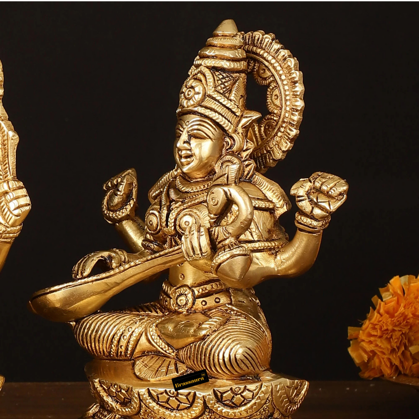 Brassaura™ Brass Superfine Ganesh Lakshmi Saraswati Idol – 7 Inch Height | 6 kg | Divine Trio for Prosperity & Wisdom