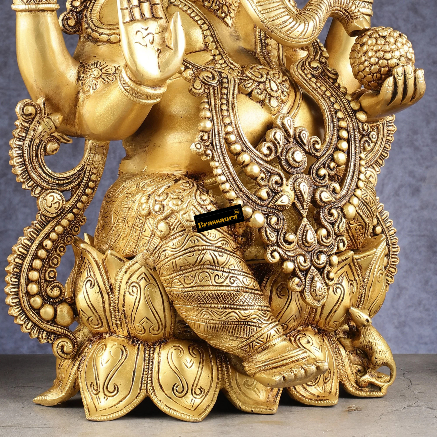 Brassaura™ Handcrafted Brass Ganesha on Lotus Pedestal – Height 21 Inches, Weight 22 Kgs