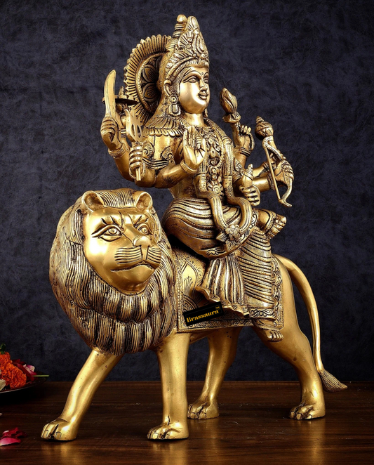Brassaura® Superfine Brass Sherawali Mata (Goddess Durga) Idol –  17-Inch – Handcrafted Statue with Antique Finish for Spiritual Décor