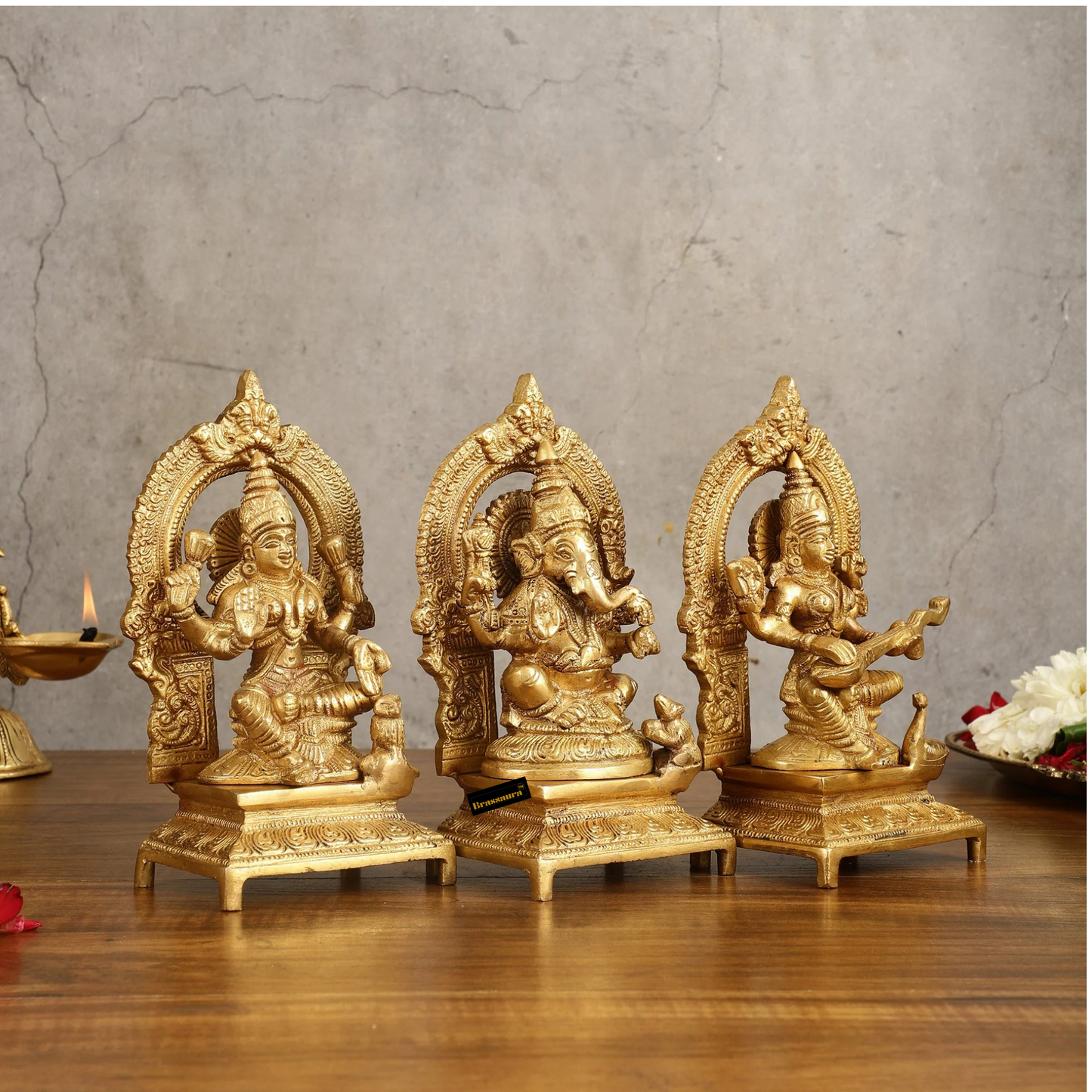 Brassaura™ Pure Brass Ganesha, Lakshmi & Saraswati Idol Set | Lord Ganesha 7 inches Height | Goddess Lakshmi & Saraswati 7.5 inches Height | Total Weight 5 Kg | Spiritual Decor