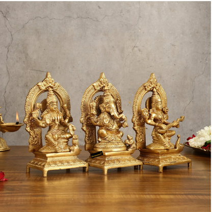 Brassaura™ Pure Brass Ganesha, Lakshmi & Saraswati Idol Set | Lord Ganesha 7 inches Height | Goddess Lakshmi & Saraswati 7.5 inches Height | Total Weight 5 Kg | Spiritual Decor