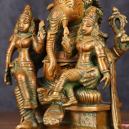 Brassaura™ Pure Brass Ganesha with Riddhi & Siddhi – 7 Inch Height | 2.5 kg | Bronze Finish | Symbol of Prosperity & Spirituality